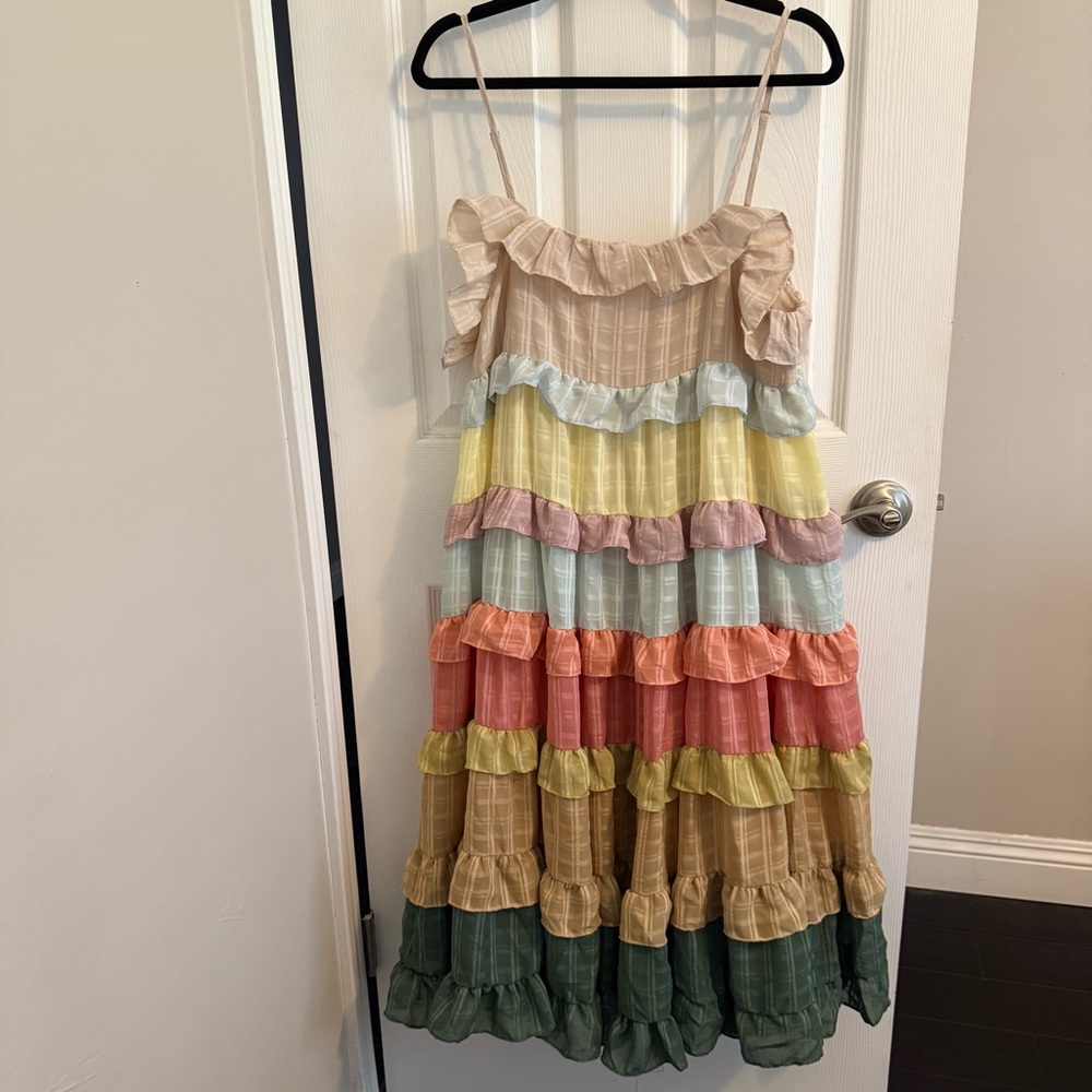NWOT Sweet en Forme / Anthropologie Plaid Rainbow Tiered Midi Dress